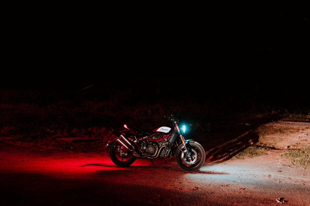 A motorcycle at night